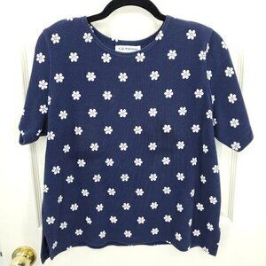 Vintage 90s C.D. Petites Rubber-Print Daisy Tee PL Navy Blue/White Flowers